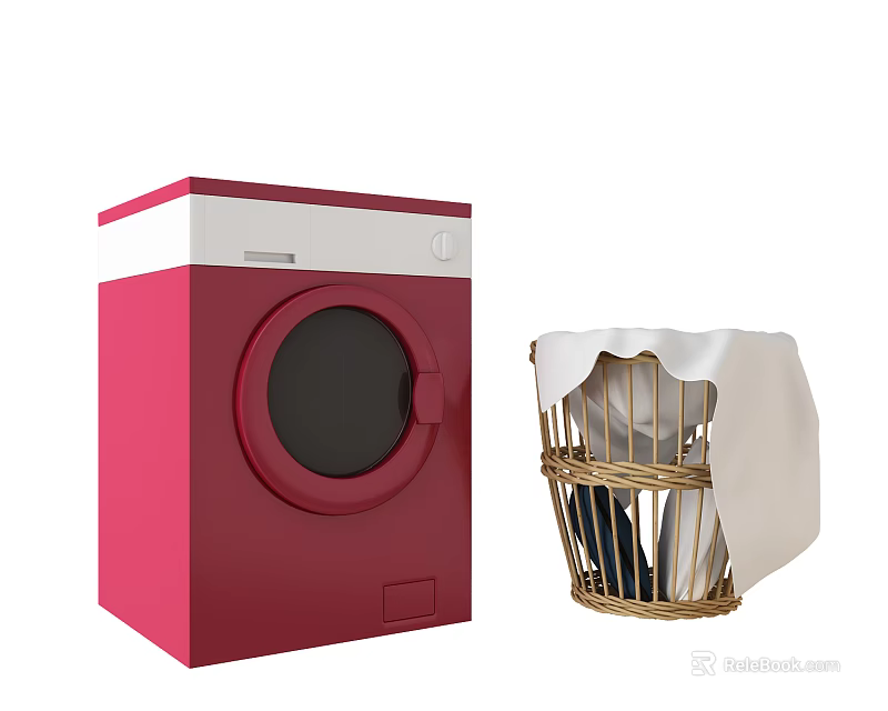 Red Front Load Washing Machine With Wicker Laundry Basket And Covered Clothes 3d model 