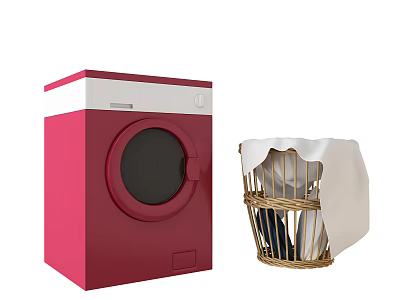Red Front Load Washing Machine With Wicker Laundry Basket And Covered Clothes 3d model
