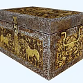 Vintage Metal Decorative Box With Golden Animal Motifs And Floral Patterns