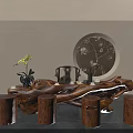 Traditional Root Carving Tea Table with Wooden Stools Tea Sets and Circular Background Decor