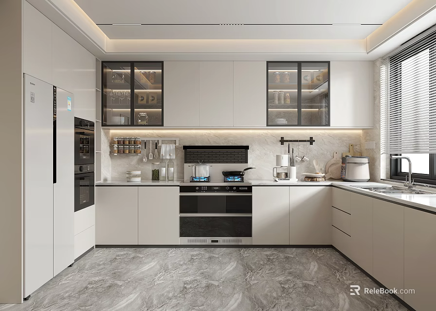 Modern Kitchen Interior With White Cabinets Glass Door Cabinets And Marble Countertop Appliances 3d model 