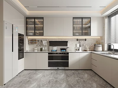 Modern Kitchen Interior With White Cabinets Glass Door Cabinets And Marble Countertop Appliances 3d model