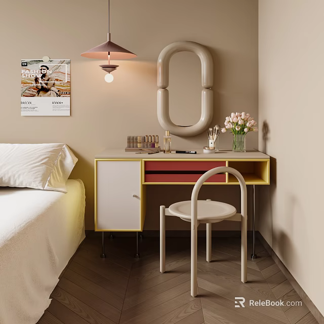 Modern Yellow White Dressing Table With Oval Mirror Cosmetics Pink Flowers And White Chair 3d model 