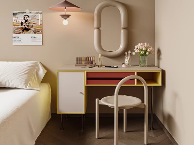 Modern Yellow White Dressing Table With Oval Mirror Cosmetics Pink Flowers And White Chair 3d model