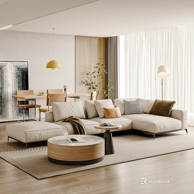 Modern Living and Dining Room Interior With Beige Sectional Sofa Wooden Table and Pendant Light 3d model 