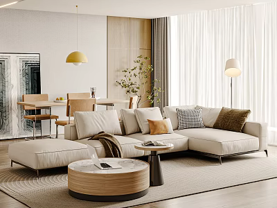 Modern Living and Dining Room Interior With Beige Sectional Sofa Wooden Table and Pendant Light 3d model