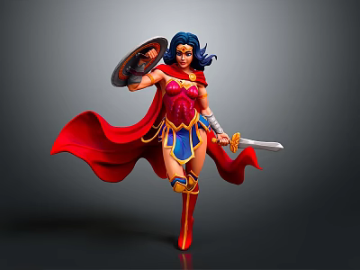 Game Movie Character Wonder Woman Holding Shield And Sword Wearing Red Cape Top Blue Shorts 3d model