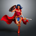 Game Movie Character Wonder Woman Holding Shield And Sword Wearing Red Cape Top Blue Shorts