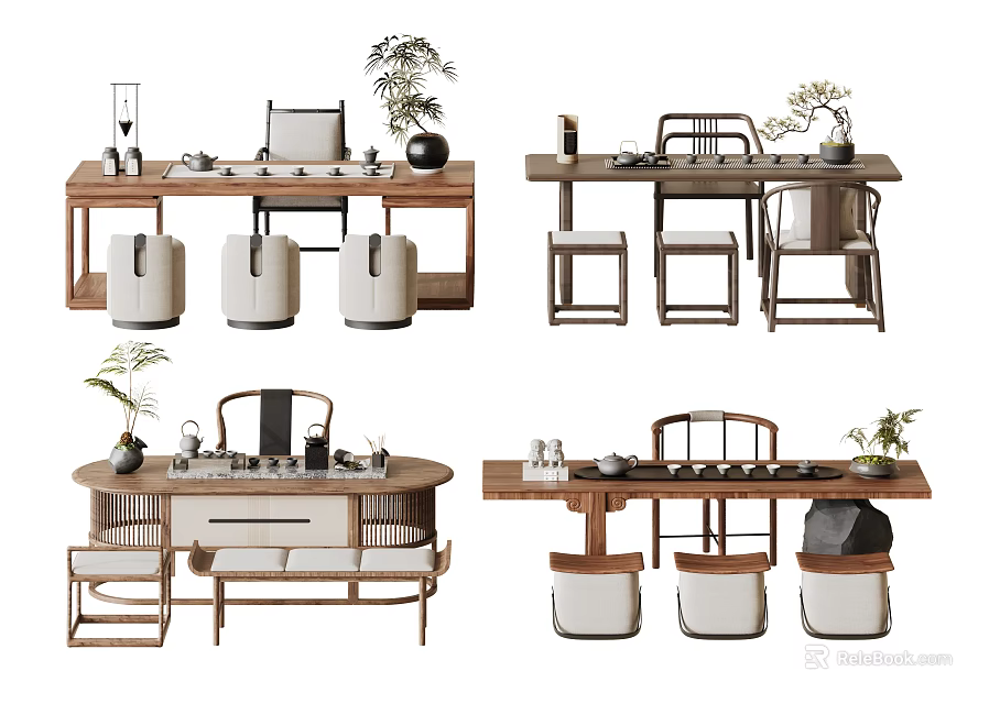 Modern Tea Table And Chairs Design With Wooden Frame Tea Sets And Decorative Plants 3d model 