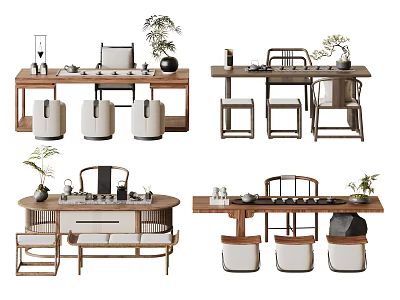 Modern Tea Table And Chairs Design With Wooden Frame Tea Sets And Decorative Plants 3d model
