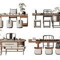 Modern Tea Table And Chairs Design With Wooden Frame Tea Sets And Decorative Plants