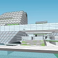 Modern Office Building Complex With Green Roof Glass Facade And Waterfront Plaza