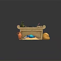 Vintage Cabinet Display with Green Bottles Frying Pan Tools Clay Vase Blue Bottle and Yellow Sack