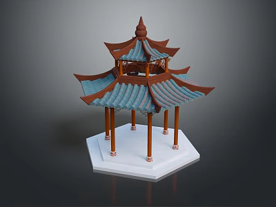 Chinese Traditional Pavilion With Multi Tiered Blue Roof Red Brown Eaves And White Hexagonal Base 3d model