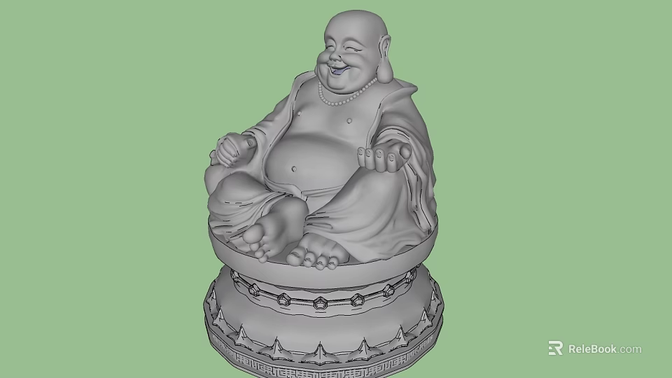 Laughing Buddha Sculpture Carving in Sitting Posture with Smiling Face and Intricate Decorative Base Design 3d model 