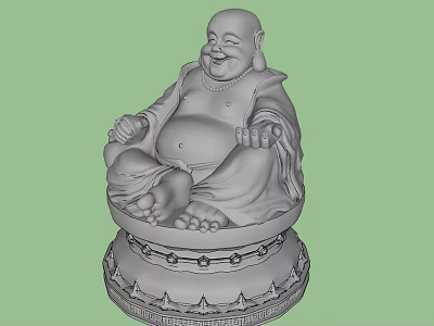 Laughing Buddha Sculpture Carving in Sitting Posture with Smiling Face and Intricate Decorative Base Design 3d model