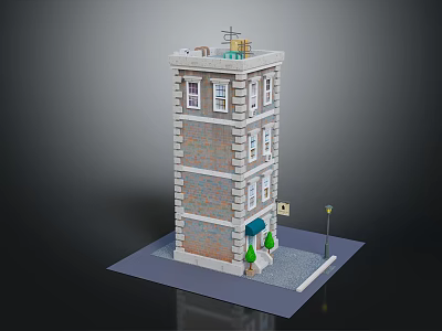 Multi Story Brick Building Model With Windows Entrance Green Plants And Street Lamp 3d model