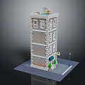 Multi Story Brick Building Model With Windows Entrance Green Plants And Street Lamp
