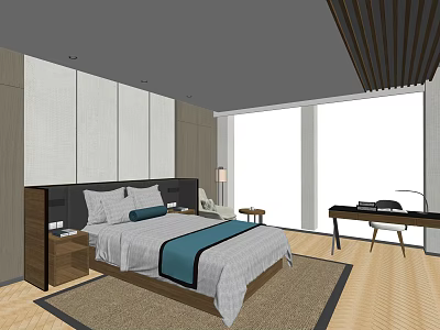 Hotel Guest Room Featuring Comfortable Bed Wooden Floor Desk Chair and Modern Wall Design 3d model