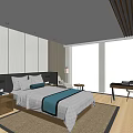 Hotel Guest Room Featuring Comfortable Bed Wooden Floor Desk Chair and Modern Wall Design