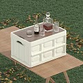 White Storage Basket with Wooden Lid Holds Wine Bottle Glasses Decanter on Outdoor Wooden Table