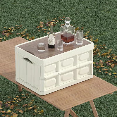 White Storage Basket with Wooden Lid Holds Wine Bottle Glasses Decanter on Outdoor Wooden Table 3d model