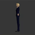 Man in dark blue suit with tie and blonde hair standing arms outstretched