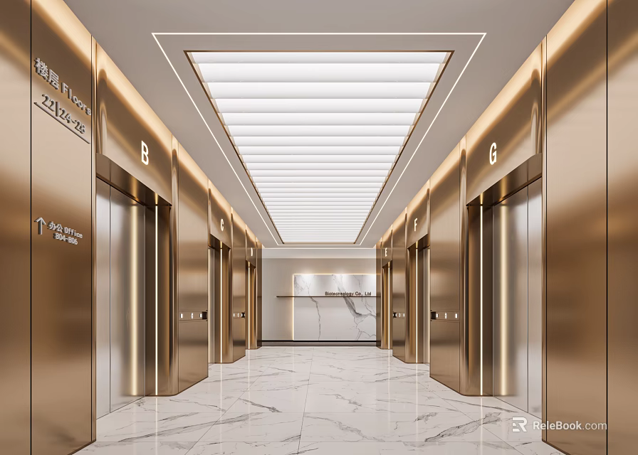 Sleek Modern Elevator Lobby Design With Marble Floor Metallic Doors And Ceiling Strip Lights 3d model