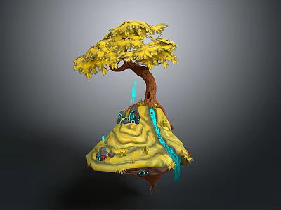 Cartoon Scene of Floating Island with Yellow Tree Brown Trunk and Blue Water Flow 3d model
