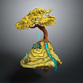 Cartoon Scene of Floating Island with Yellow Tree Brown Trunk and Blue Water Flow