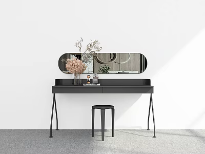 Black Dressing Table with Oval Mirror Pink Flower Vase and Black Stool in White Room 3d model