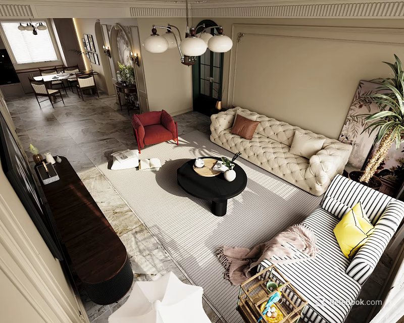 Elegant Retro Open Plan Living And Dining Room With Cozy Furnishings And Warm Atmosphere 3d model 