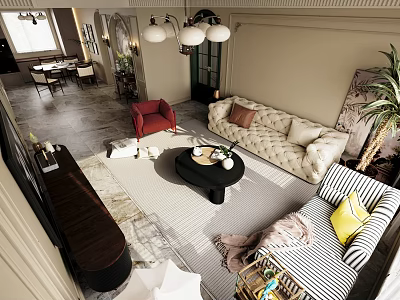 Elegant Retro Open Plan Living And Dining Room With Cozy Furnishings And Warm Atmosphere 3d model