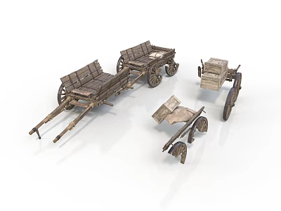 Vintage Wooden Carts Collection With Different Wheel And Frame Designs 3d model