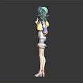 Fashionable Anime Character With Green Purple Pigtails Yellow Purple Top Shorts Sneakers And Arm Stickers