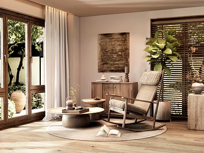 Modern Living Room Wooden Lounge Chair With Round Rug Green Plant And Wooden Side Table 3d model