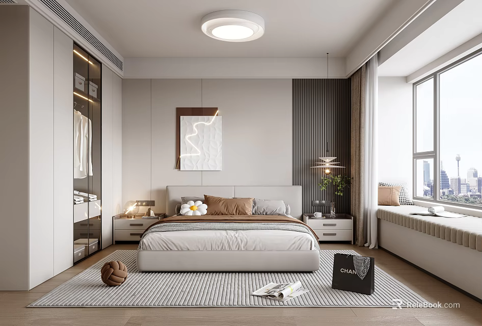 Modern Bedroom Interior Design With Bedside Tables Lamps Large Window And Decorative Painting 3d model 