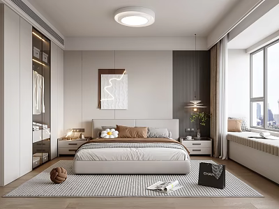 Modern Bedroom Interior Design With Bedside Tables Lamps Large Window And Decorative Painting 3d model