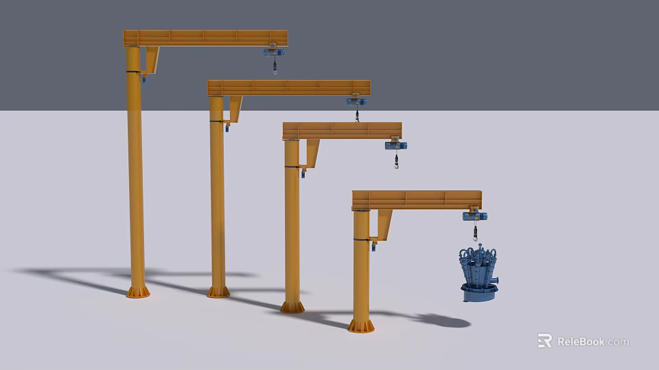 Multiple Orange Column Cantilever Cranes With Hooks Lifting Blue Industrial Component 3d model 