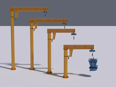 Multiple Orange Column Cantilever Cranes With Hooks Lifting Blue Industrial Component 3d model