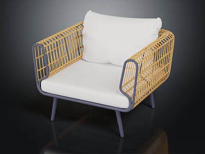 Modern Minimalist Rattan Armchair With White Cushion And Metal Frame Design 3d model