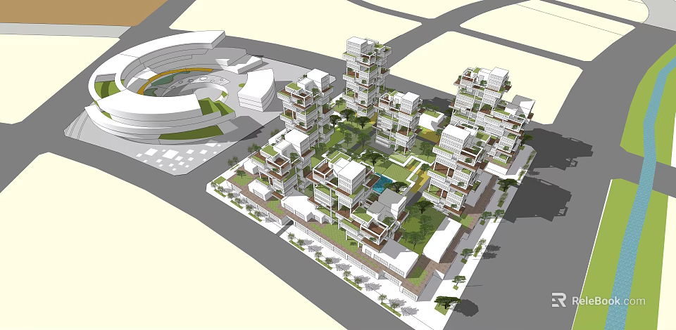 Modern Multi Story Residential Complex With Green Spaces And Landscaped Gardens 3d model 
