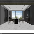 Elegant Modern Living And Dining Room Interior With Marble Walls Black Leather Sofa And Fireplace