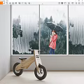 Wooden Children's Balance Bike Near Window With Rainy Forest View And Person Holding Umbrella