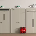 Gray Safety Exit Doors With Green Signs And Red Fire Extinguisher Cabinet