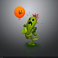 Cartoon Green Cactus With Red Flower On Head Surprised Expression Near Orange Smiley Balloon