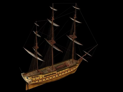 Traditional Wooden Sailing Ship With Multiple Masts And Classic Design Structure Details 3d model