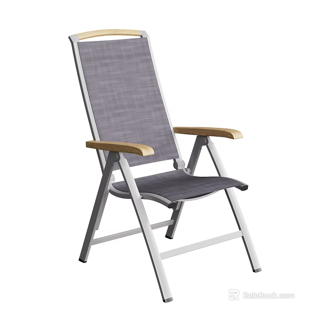 Modern Gray Mesh Armchair With Wooden Arms And Folding Metal Frame 3d model 