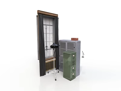 Indoor Storage Area Scene With Brown Frame Window Curtains Black Metal Cart Green Filing Cabinet And Silver Desk Lamp 3d model