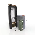 Indoor Storage Area Scene With Brown Frame Window Curtains Black Metal Cart Green Filing Cabinet And Silver Desk Lamp